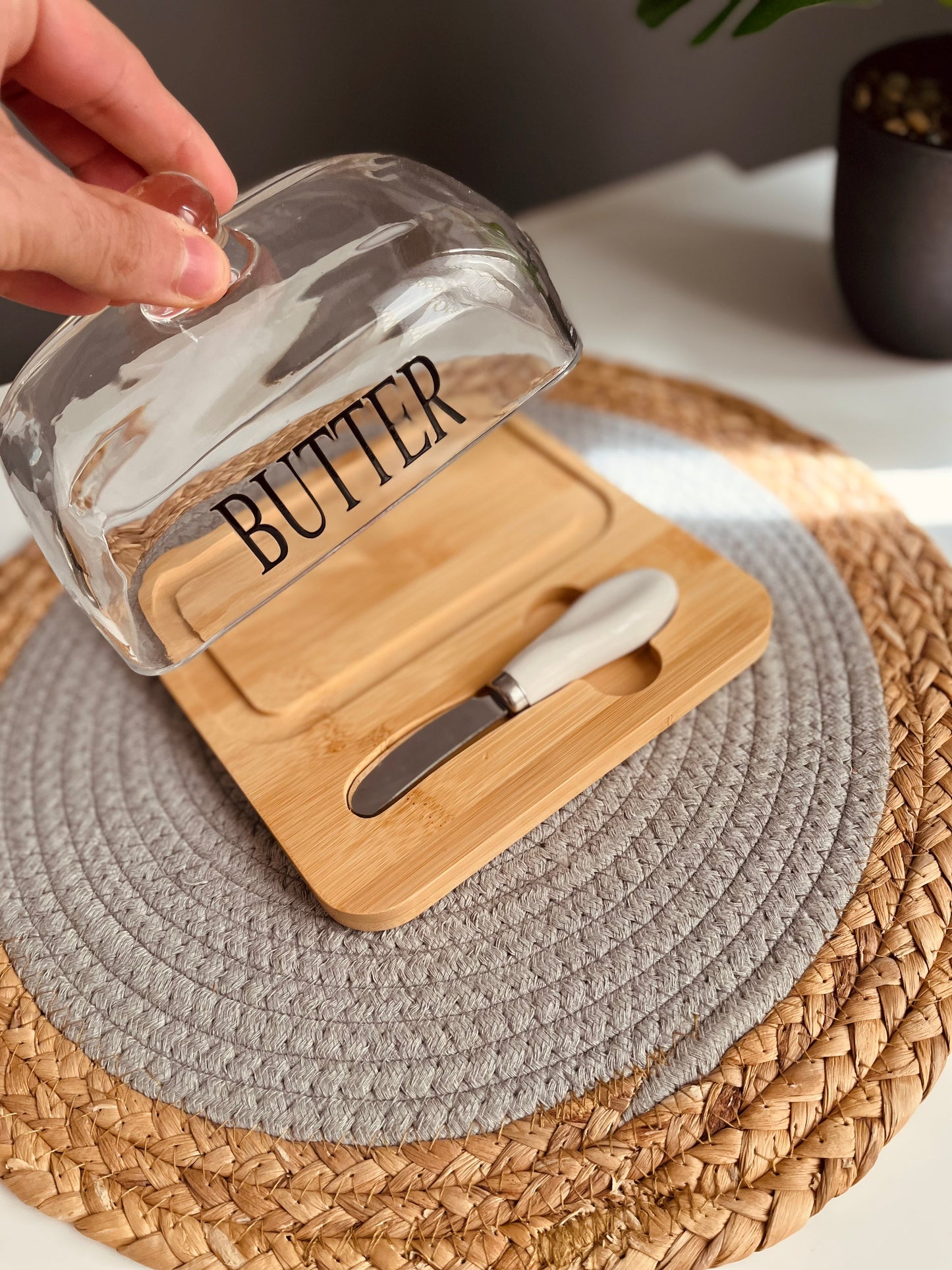 Large Butter box (glass -wood)| + knife